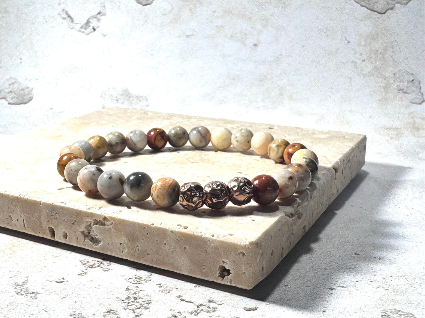 Natural Agate Gemstone Bracelet with Rose Gold Textured Beads | Handmade in the UK