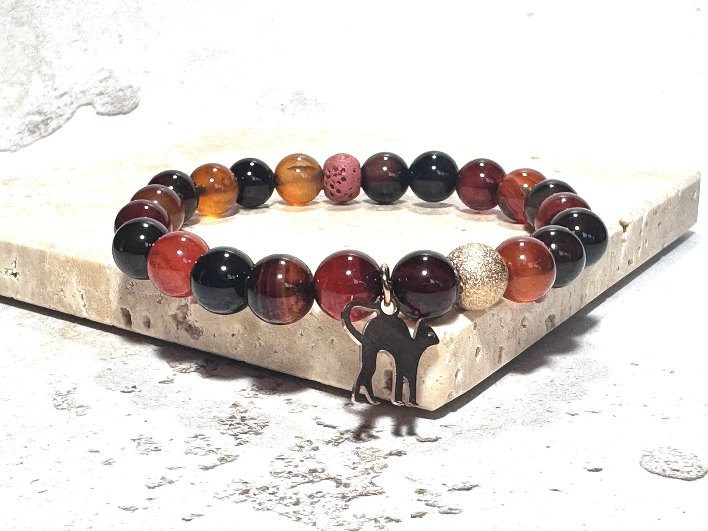 Dark Orange Agate Gemstone Bracelet with Rose Gold Cat Charm & Lava Stone | Handmade in the UK