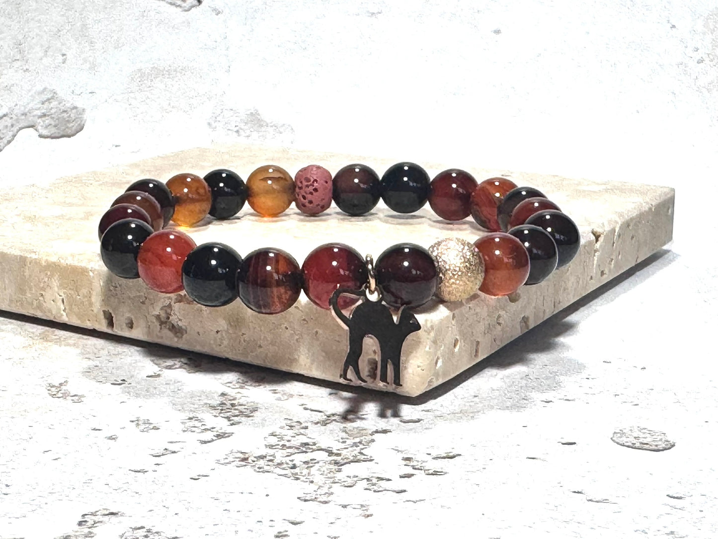Dark Orange Agate Gemstone Bracelet with Rose Gold Cat Charm & Lava Stone | Handmade in the UK