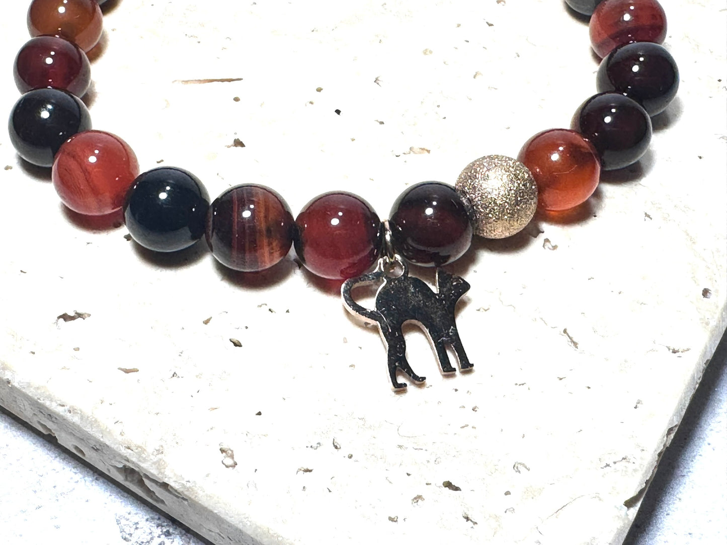 Dark Orange Agate Gemstone Bracelet with Rose Gold Cat Charm & Lava Stone | Handmade in the UK
