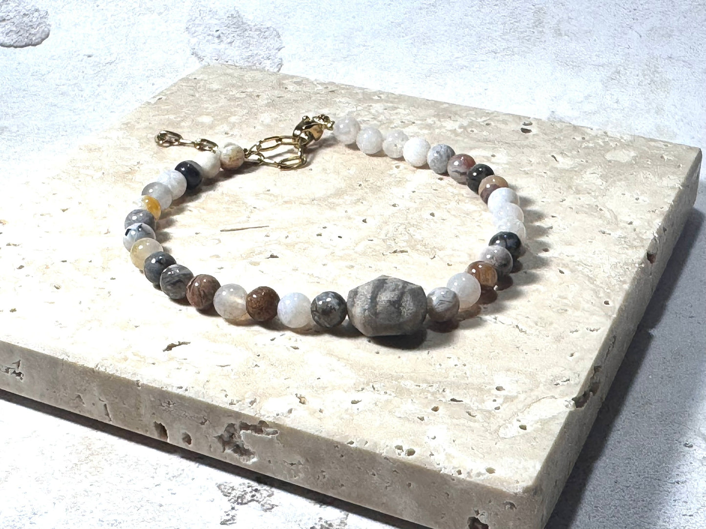 Natural Agate Gemstone Bracelet with Central Agate Disc | Adjustable Stainless Steel | Handmade in the UK