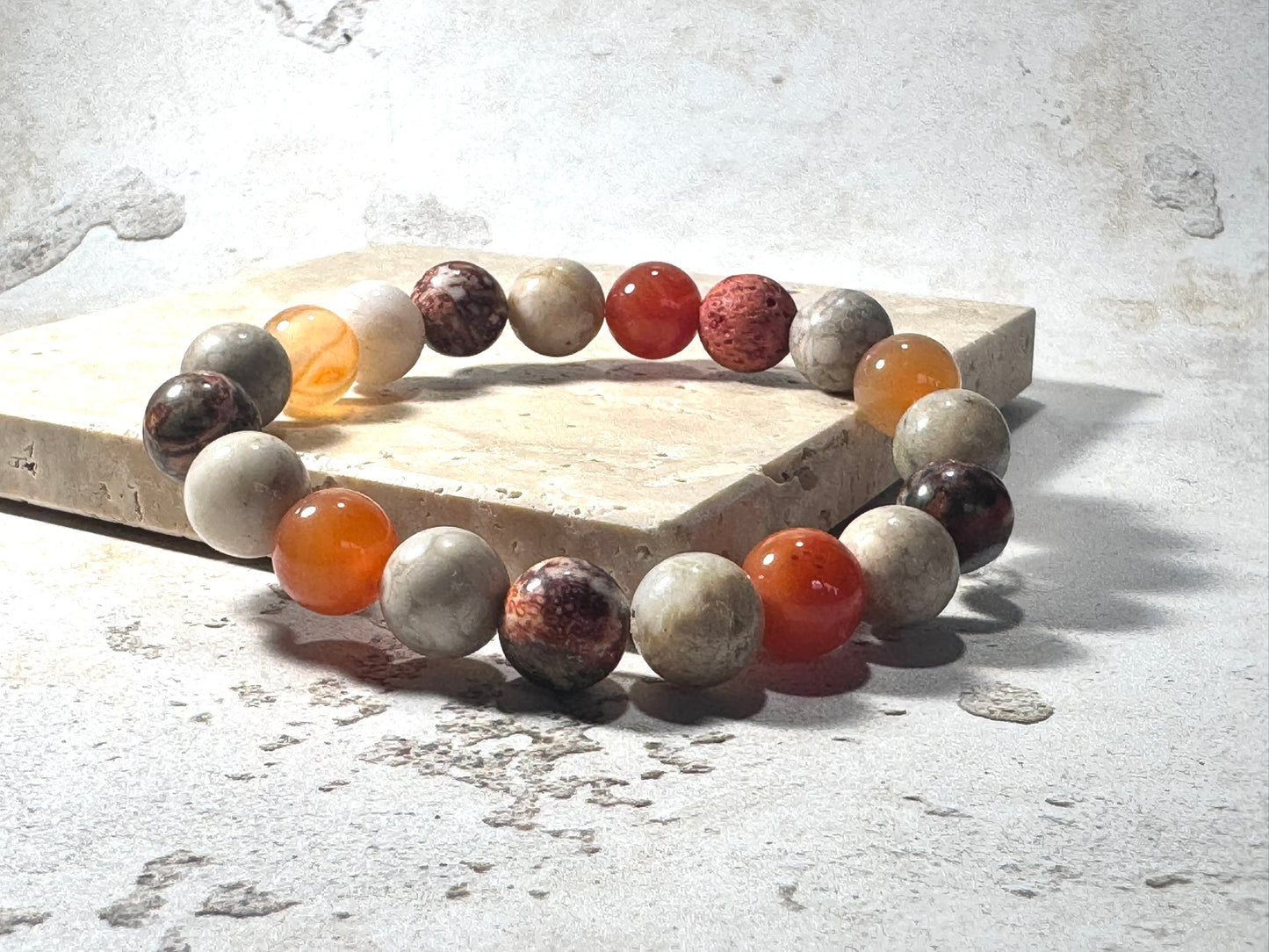 Chrysanthemum Agate, Carnelia Jasper Gemstone Bracelet – 10mm Beads with Lava Stone | Handmade in the UK