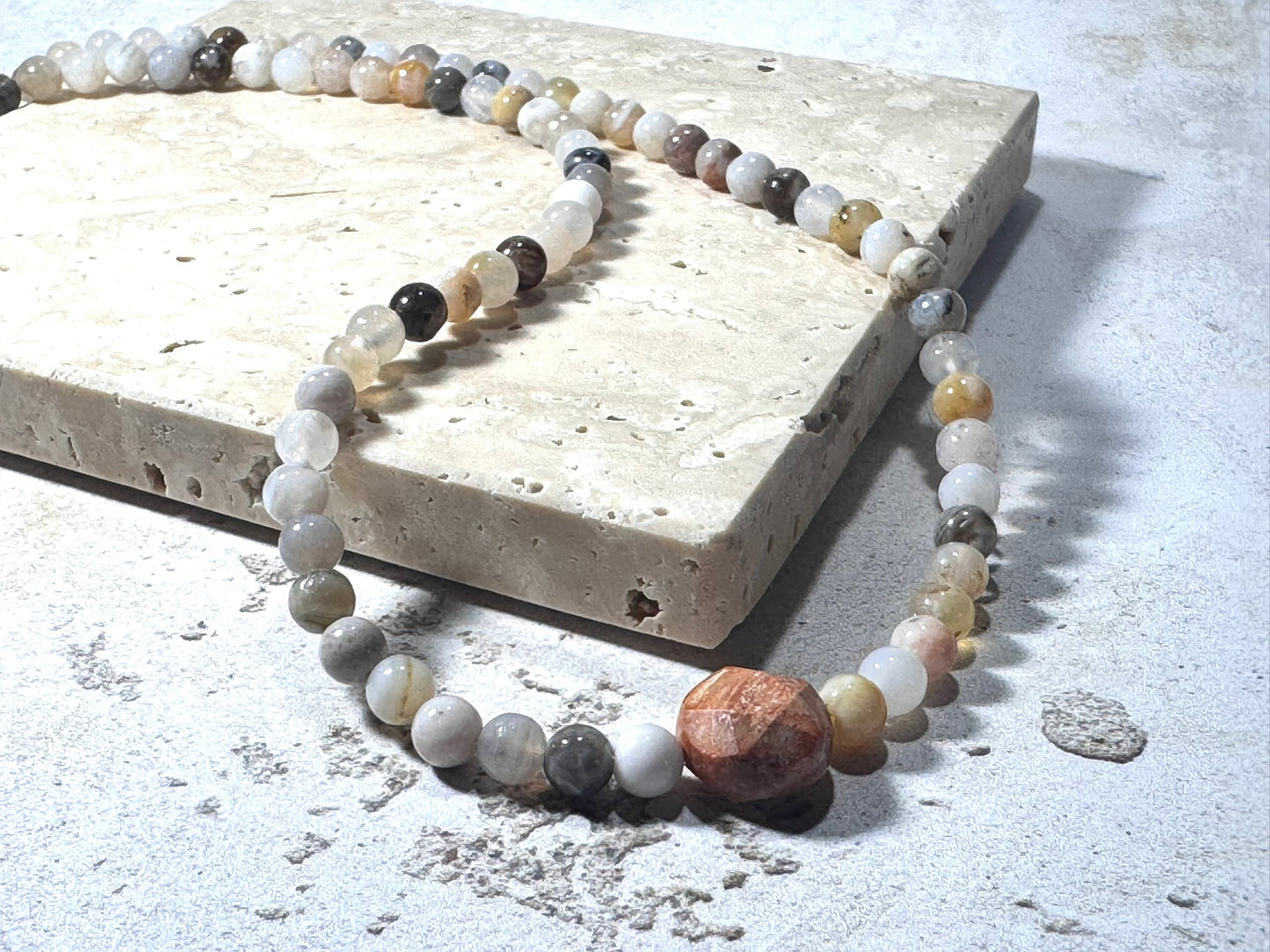 Dainty Natural Agate Beaded Necklace with Central Agate Disc | Adjustable 16–18" | Handmade in the UK