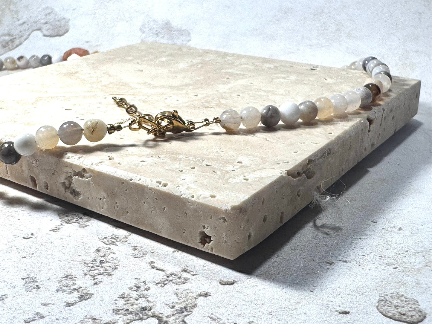 Dainty Natural Agate Beaded Necklace with Central Agate Disc | Adjustable 16–18" | Handmade in the UK