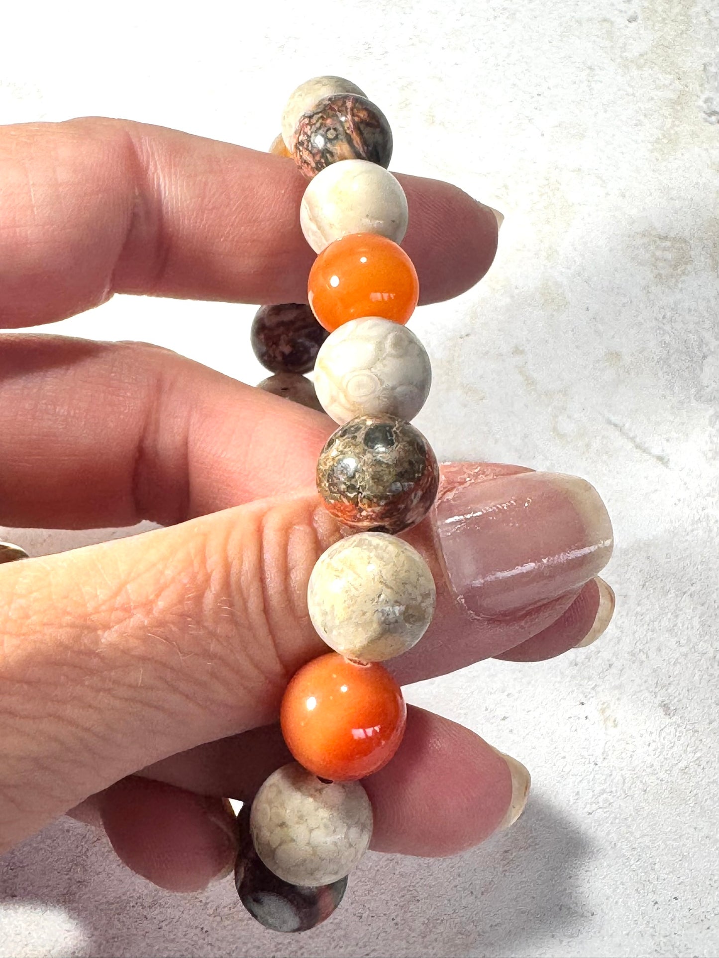 Chrysanthemum Agate, Carnelia Jasper Gemstone Bracelet – 10mm Beads with Lava Stone | Handmade in the UK
