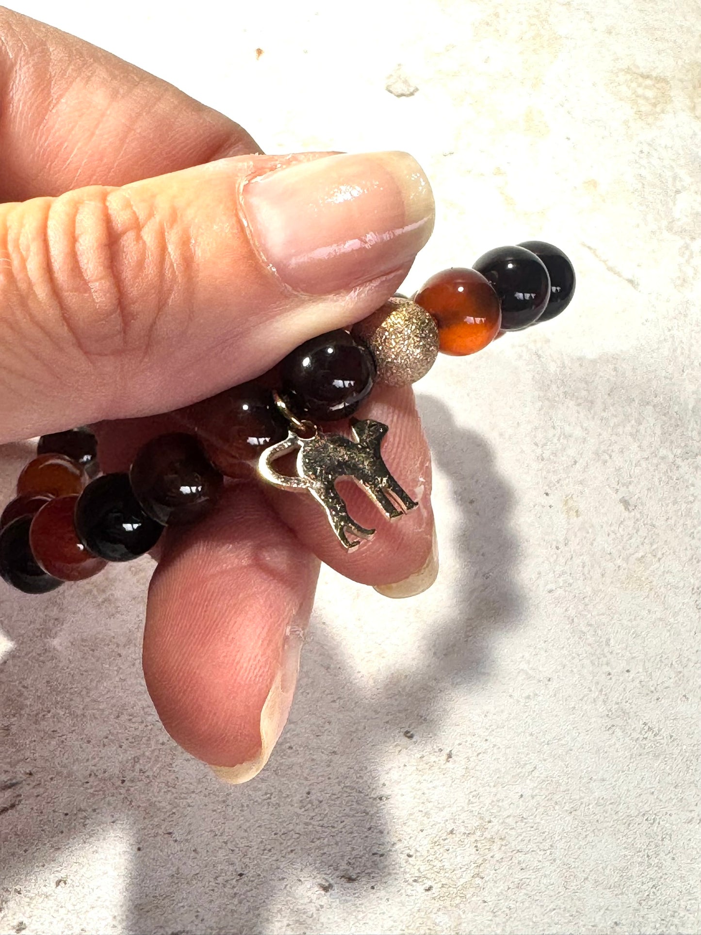 Dark Orange Agate Gemstone Bracelet with Rose Gold Cat Charm & Lava Stone | Handmade in the UK