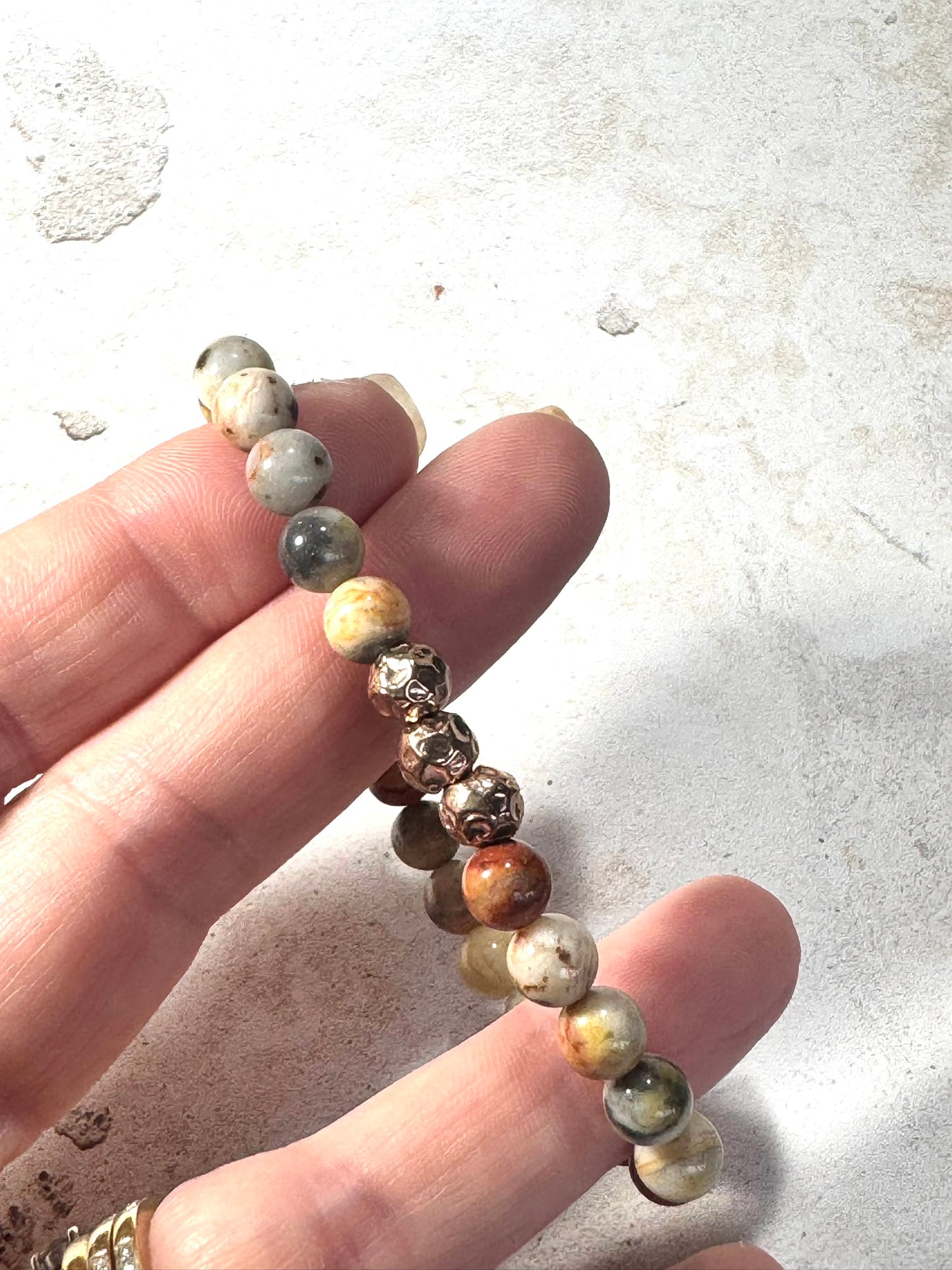 Natural Agate Gemstone Bracelet with Rose Gold Textured Beads | Handmade in the UK