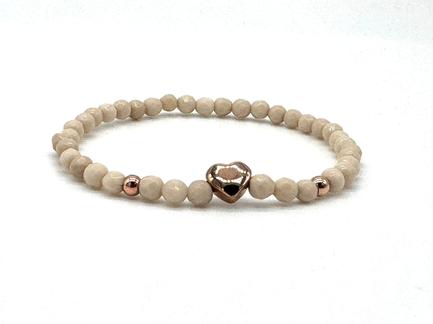 Fossilised Wood Gemstone Bracelet – Cream with Rose Gold Heart Charm | Handmade in the UK