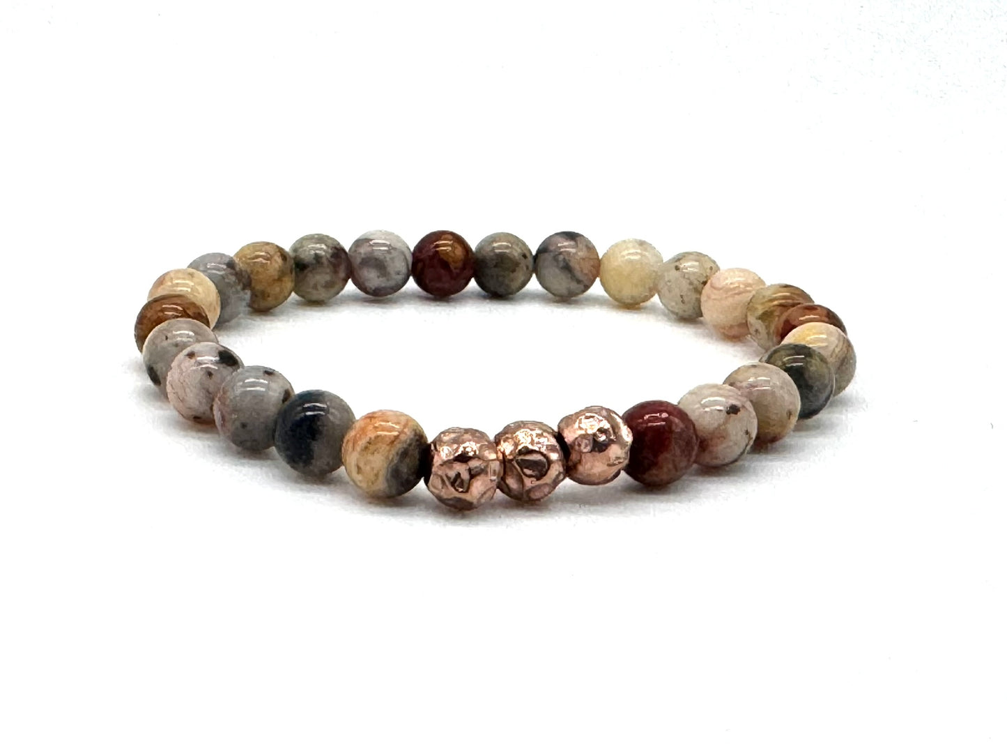 Natural Agate Gemstone Bracelet with Rose Gold Textured Beads | Handmade in the UK