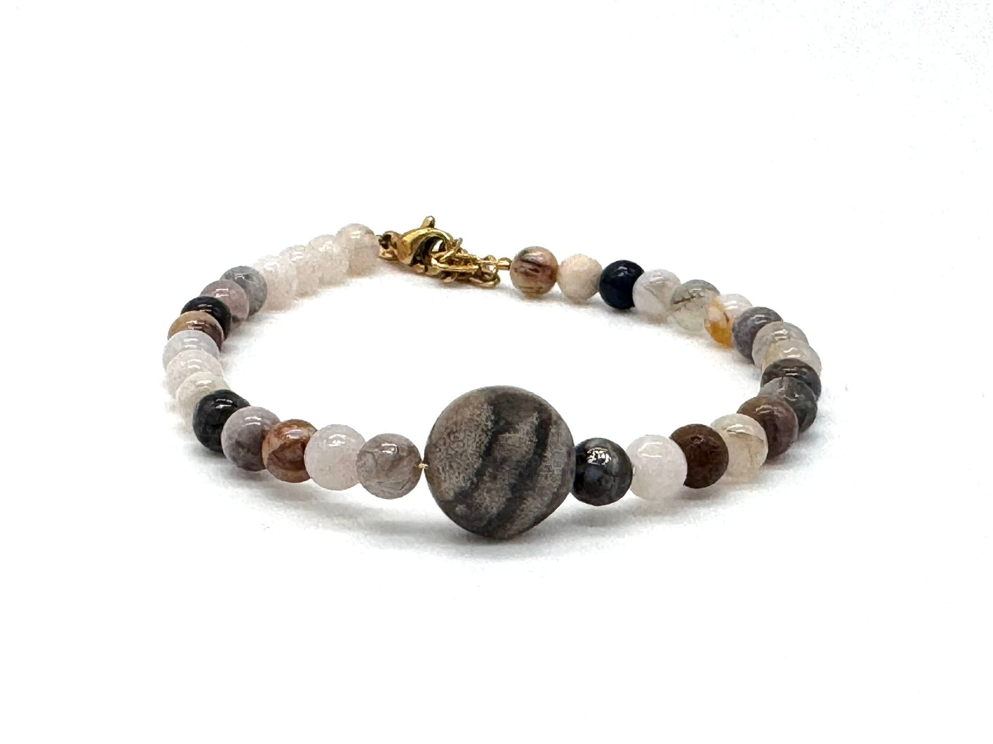 Natural Agate Gemstone Bracelet with Central Agate Disc | Adjustable Stainless Steel | Handmade in the UK