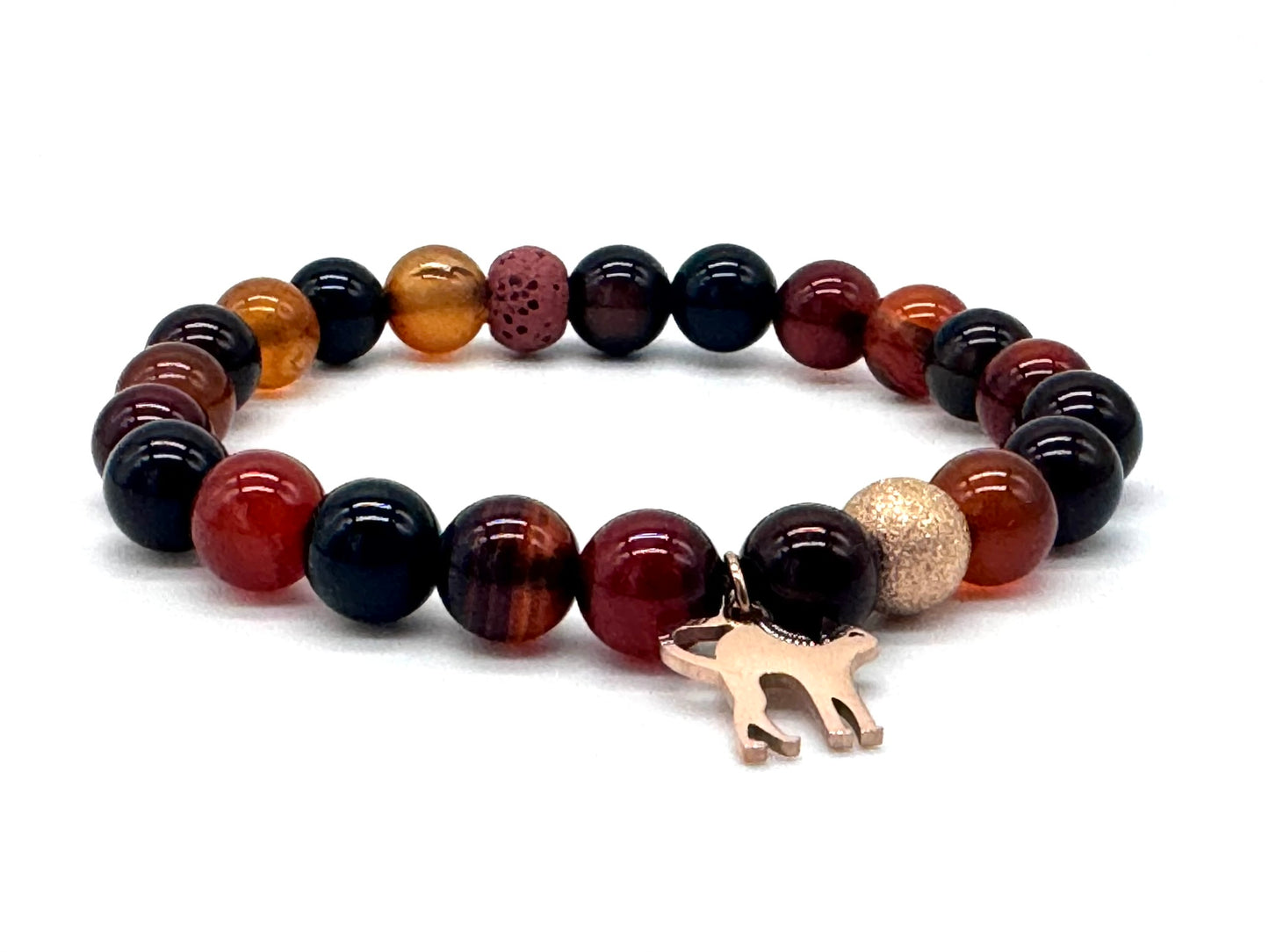 Dark Orange Agate Gemstone Bracelet with Rose Gold Cat Charm & Lava Stone | Handmade in the UK