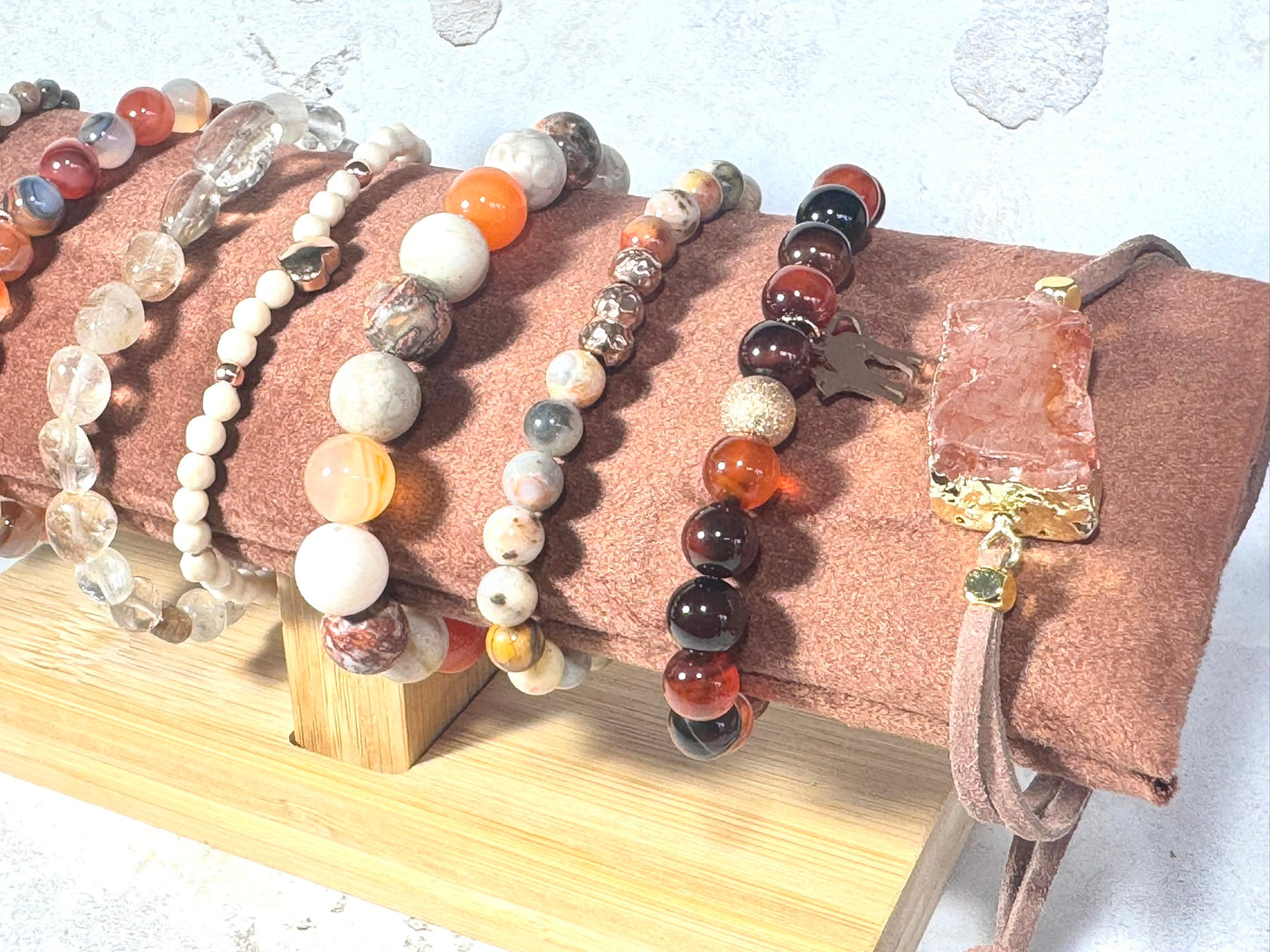 Chrysanthemum Agate, Carnelia Jasper Gemstone Bracelet – 10mm Beads with Lava Stone | Handmade in the UK