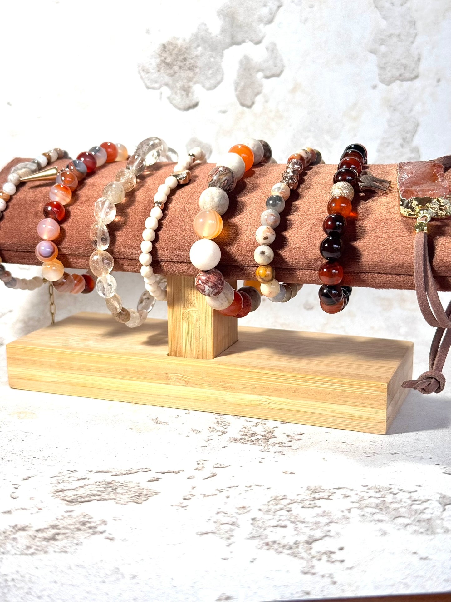 Natural Agate Gemstone Bracelet with Rose Gold Textured Beads | Handmade in the UK