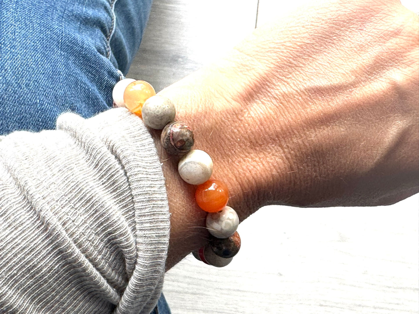 Chrysanthemum Agate, Carnelia Jasper Gemstone Bracelet – 10mm Beads with Lava Stone | Handmade in the UK