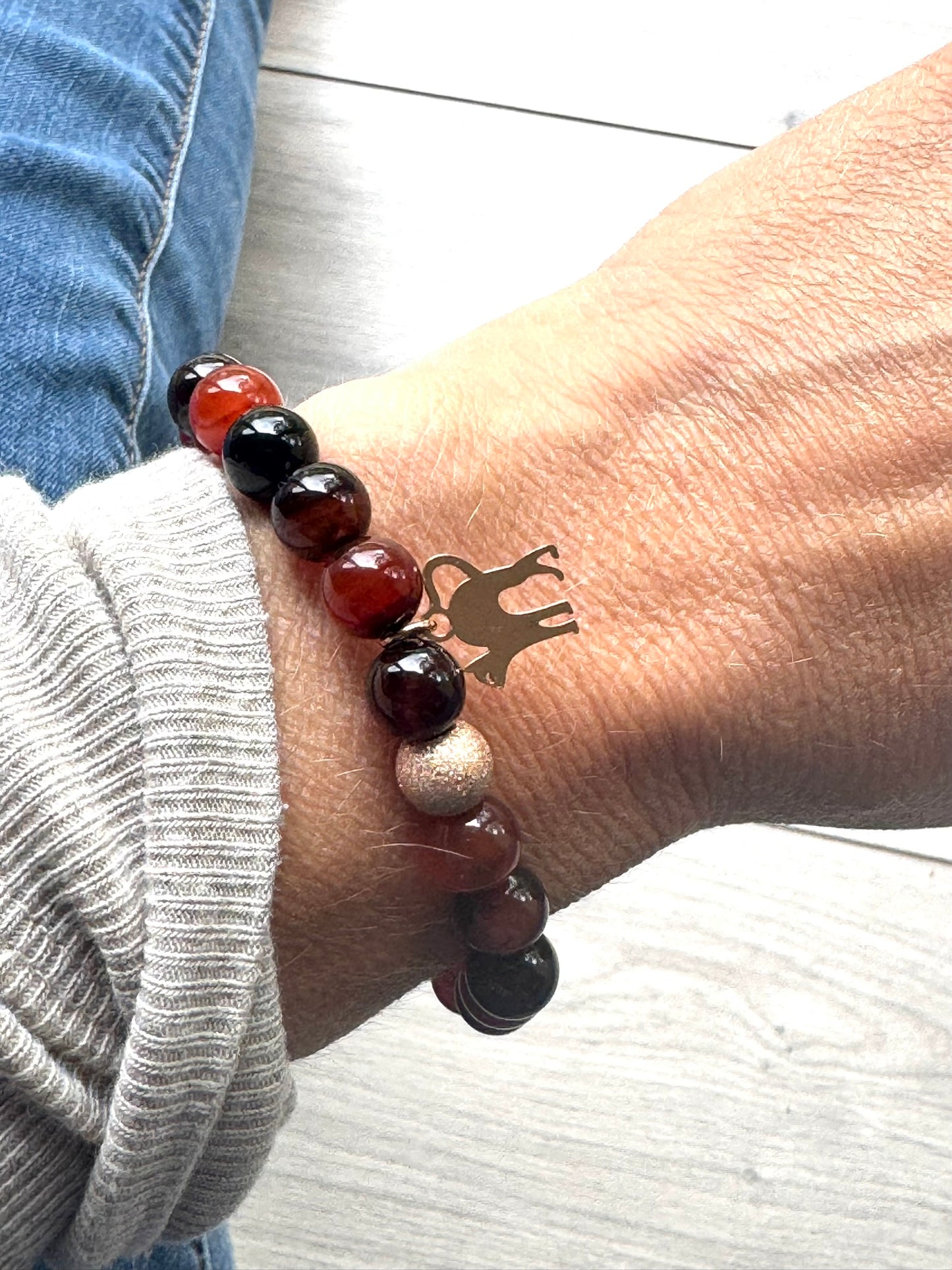 Dark Orange Agate Gemstone Bracelet with Rose Gold Cat Charm & Lava Stone | Handmade in the UK