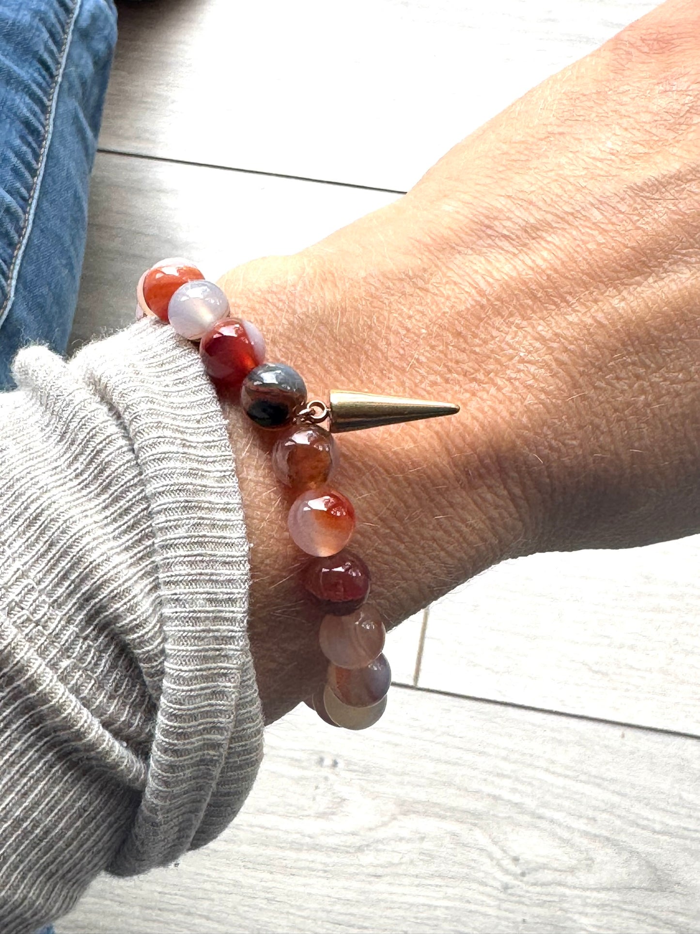 Orange Sardonyx Gemstone Bracelet with Rose Gold Point Charm Lava Stone | Handmade in the UK