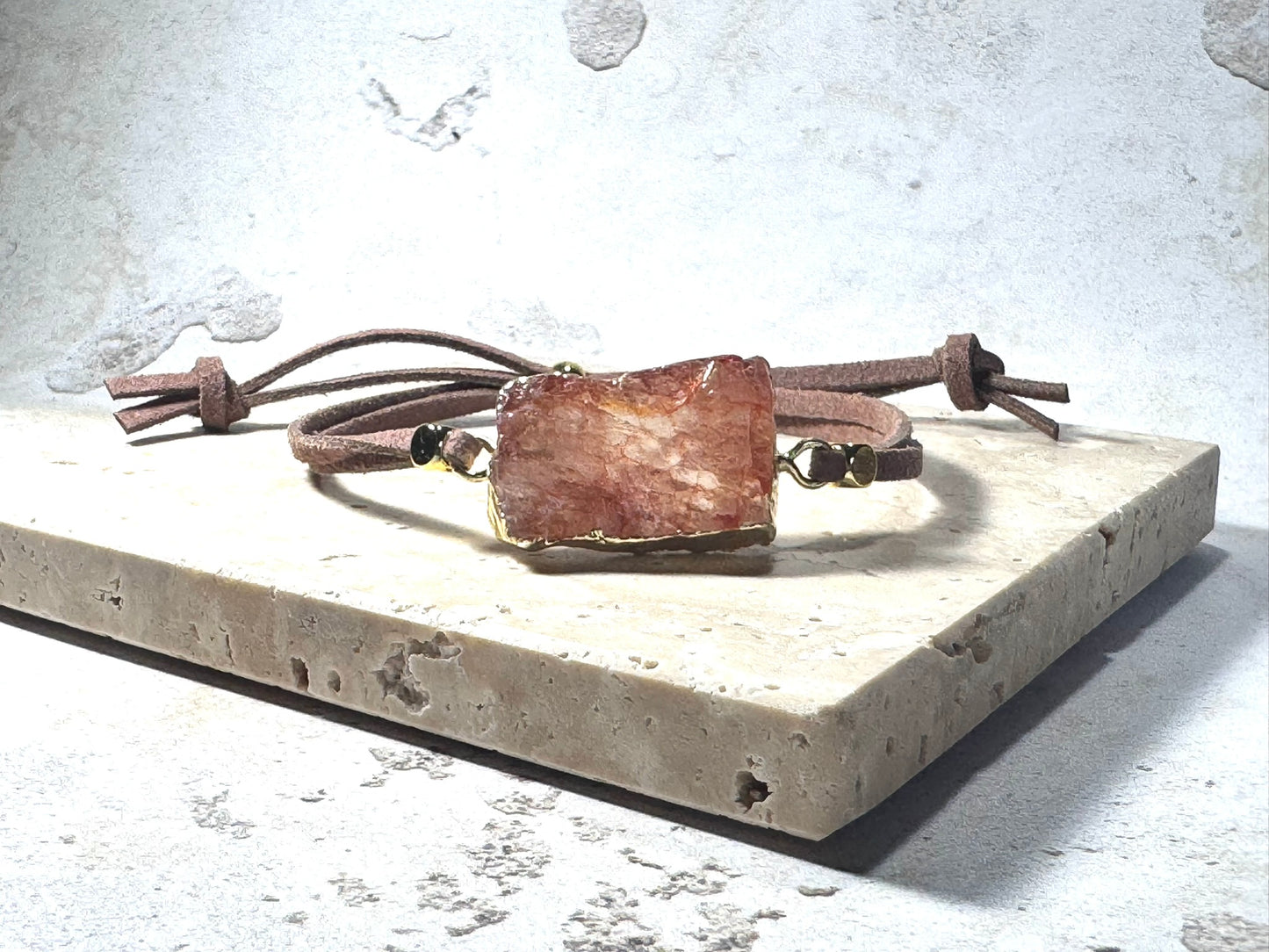 Natural Sunstone Bracelet – Gold-Wrapped Crystal on Adjustable Faux Suede | Handmade in the UK