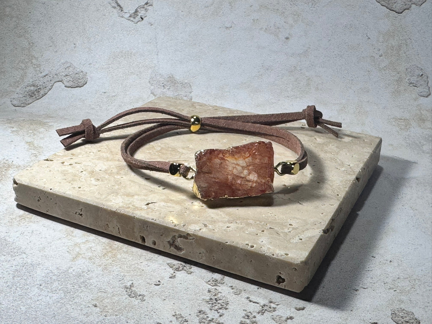 Natural Sunstone Bracelet – Gold-Wrapped Crystal on Adjustable Faux Suede | Handmade in the UK
