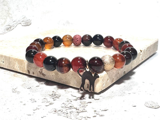Dark Orange Agate Gemstone Bracelet with Rose Gold Cat Charm &amp; Lava Stone | Handmade in the UK