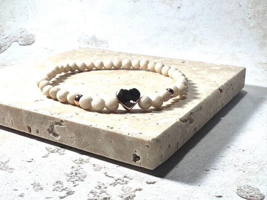 Fossilised Wood Gemstone Bracelet – Cream with Rose Gold Heart Charm | Handmade in the UK