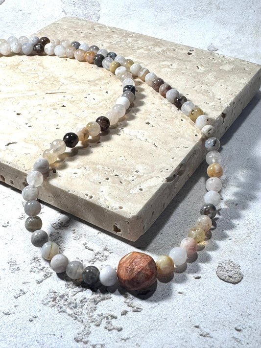 Dainty Natural Agate Beaded Necklace with Central Agate Disc | Adjustable 16–18" | Handmade in the UK
