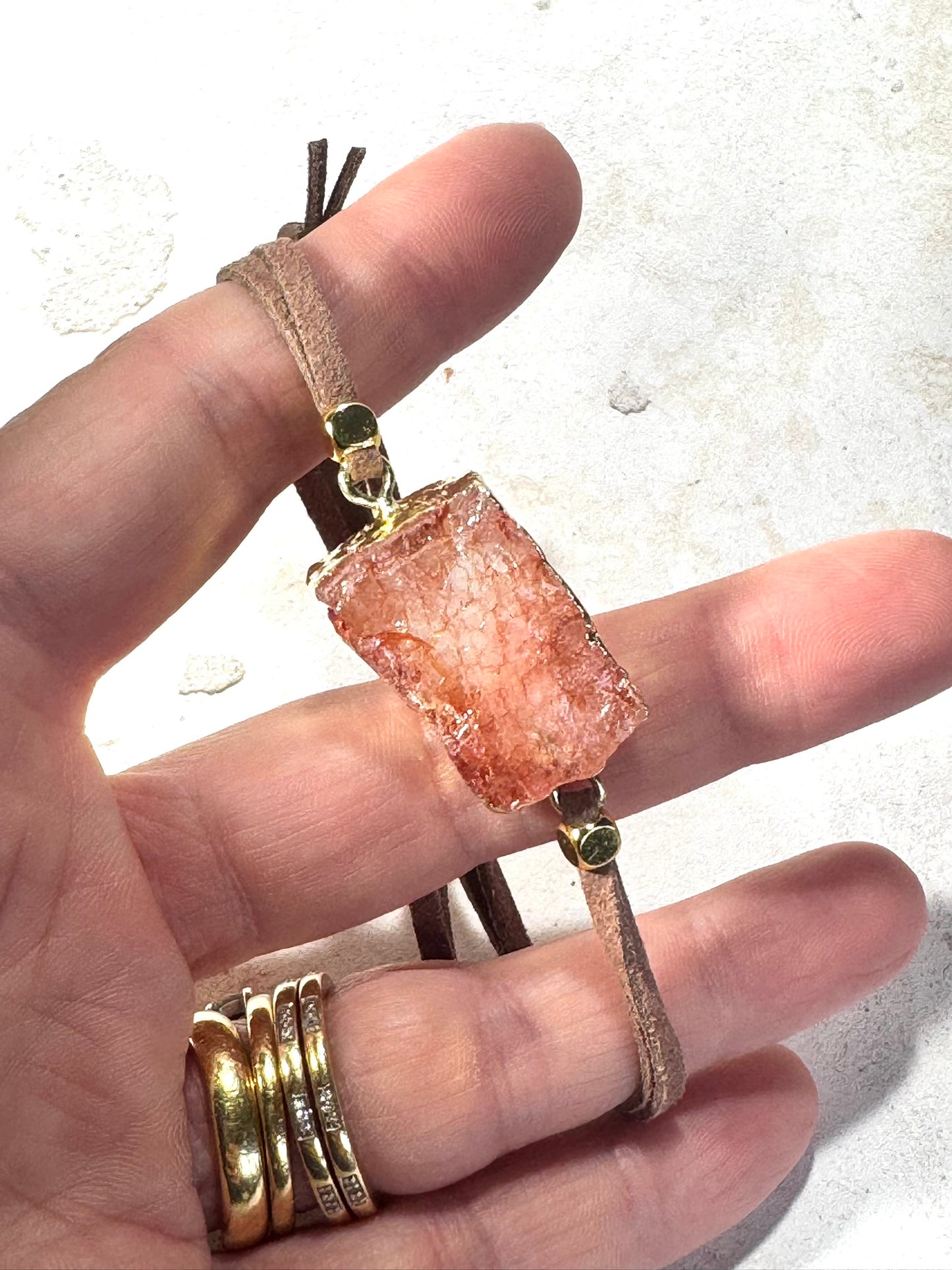 Natural Sunstone Bracelet – Gold-Wrapped Crystal on Adjustable Faux Suede | Handmade in the UK