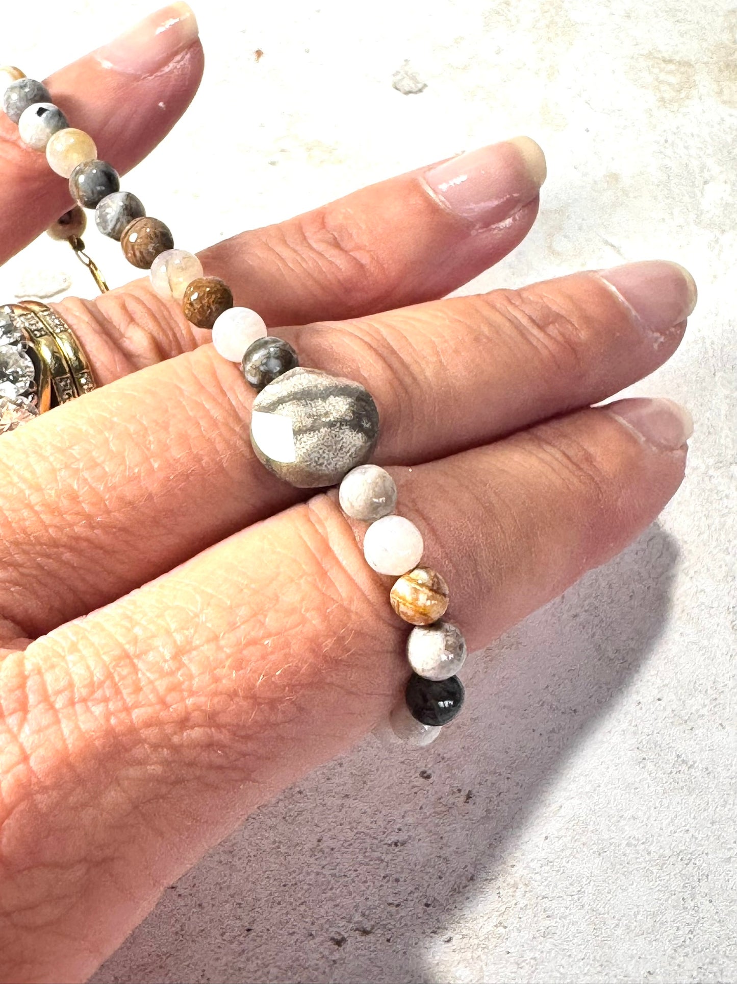 Dainty Natural Agate Beaded Necklace with Central Agate Disc | Adjustable 16–18" | Handmade in the UK