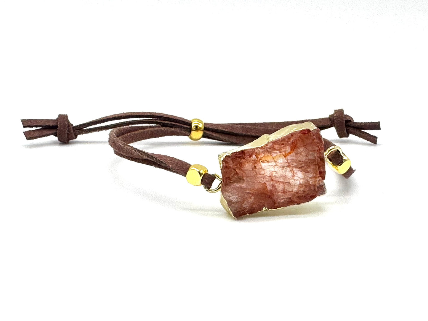 Natural Sunstone Bracelet – Gold-Wrapped Crystal on Adjustable Faux Suede | Handmade in the UK