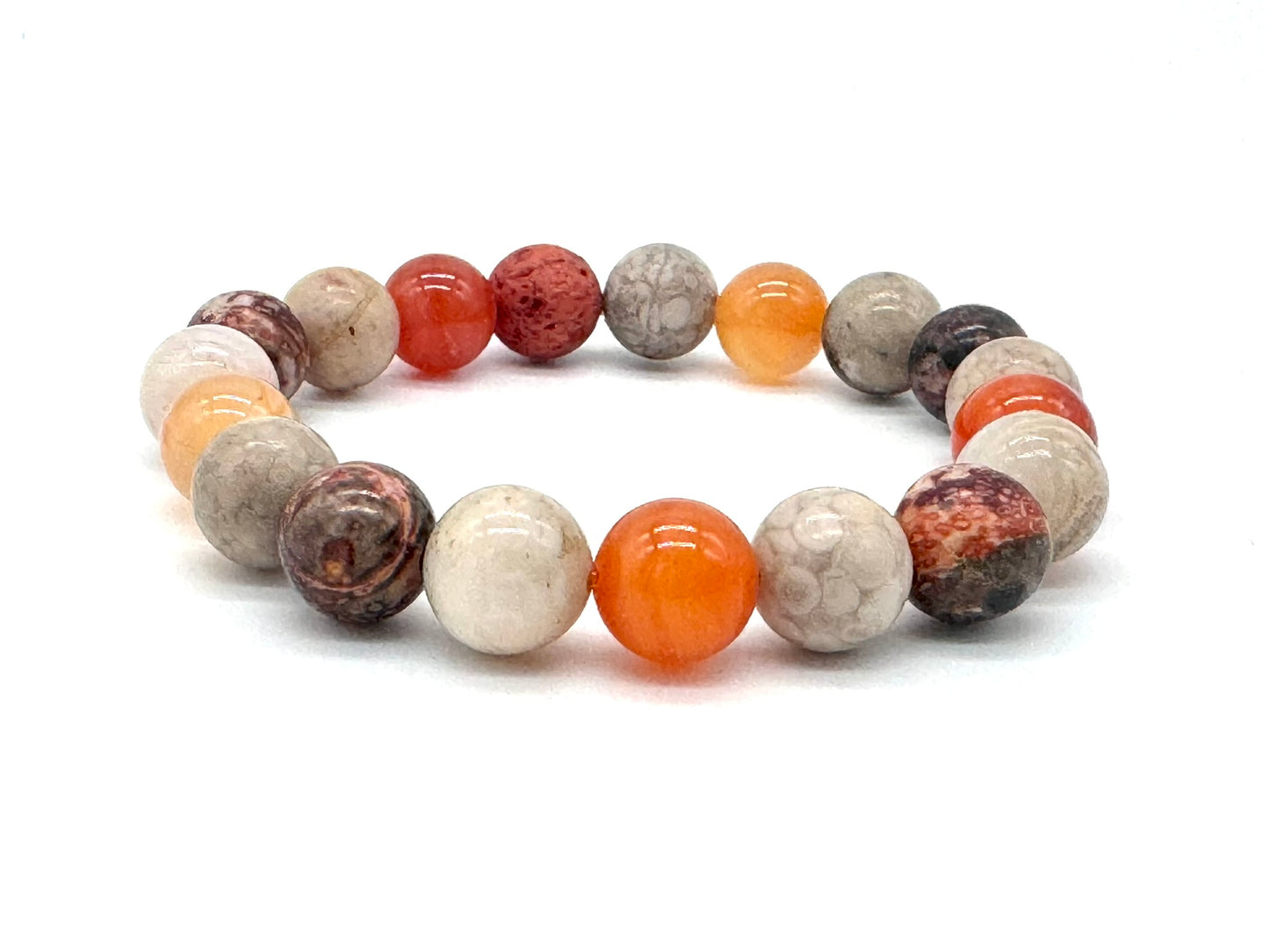 Chrysanthemum Agate, Carnelia Jasper Gemstone Bracelet – 10mm Beads with Lava Stone | Handmade in the UK