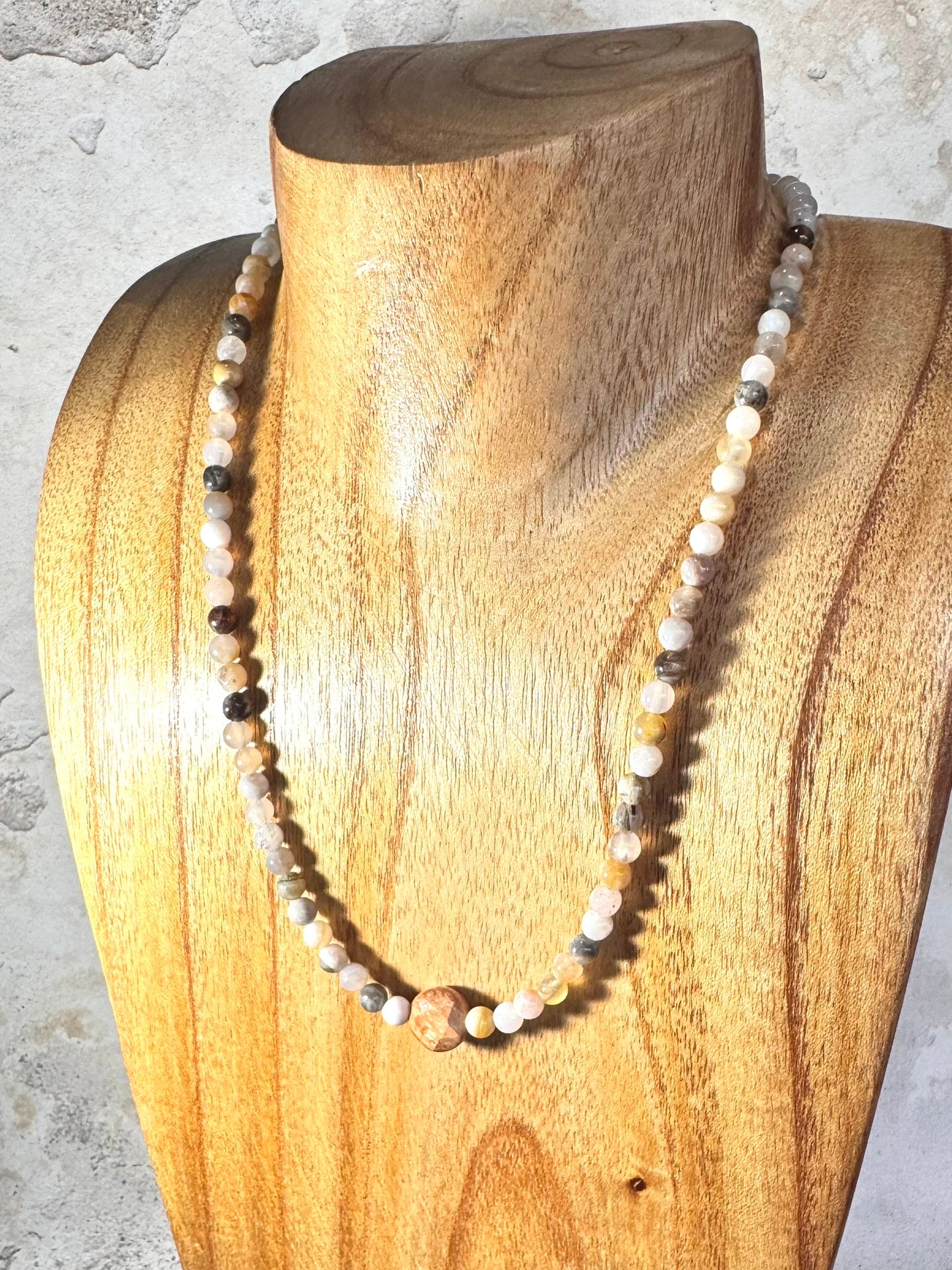 Dainty Natural Agate Beaded Necklace with Central Agate Disc | Adjustable 16–18" | Handmade in the UK