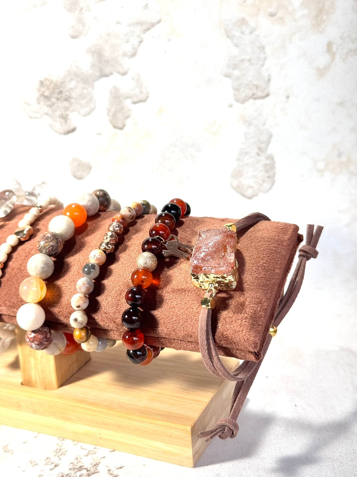 Natural Sunstone Bracelet – Gold-Wrapped Crystal on Adjustable Faux Suede | Handmade in the UK